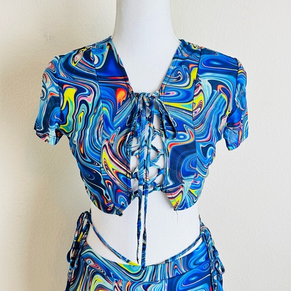 Blue Marble Trippy Front Lace Up Short Sleeve Crop Top & Side Tie Mini Skirt Set - Picture 2 of 4